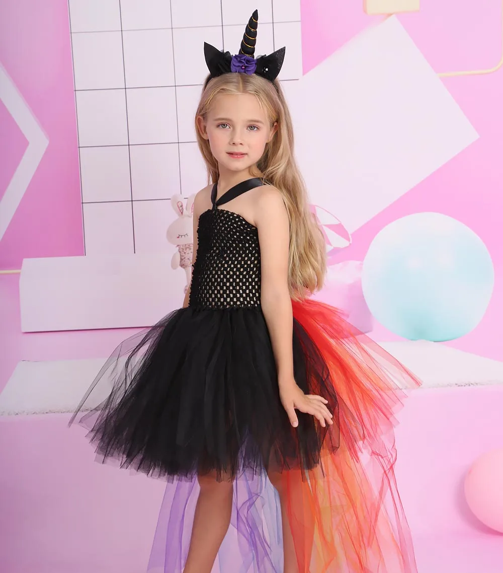 Girls Unicorn Costume Tutu Dress Kids Black Rainbow Unicorn Tulle Dress Baby Birthday Outfit Little Girls Unicorn Party Dress