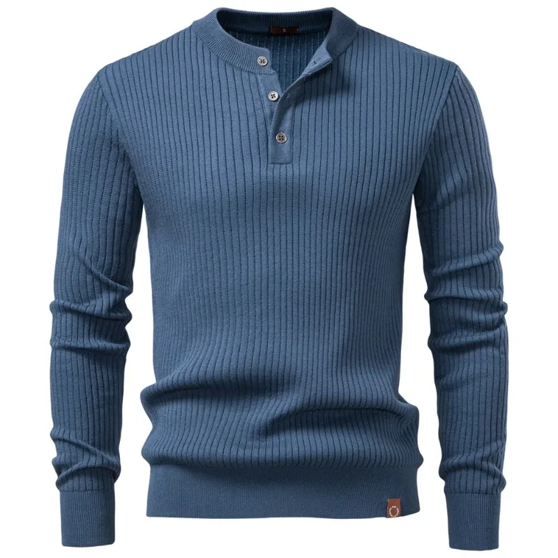 Button Placket Polo Shirt Men Ribbed Stripe Long Sleeve Contemporary Fit Minimalist Autumn Winter