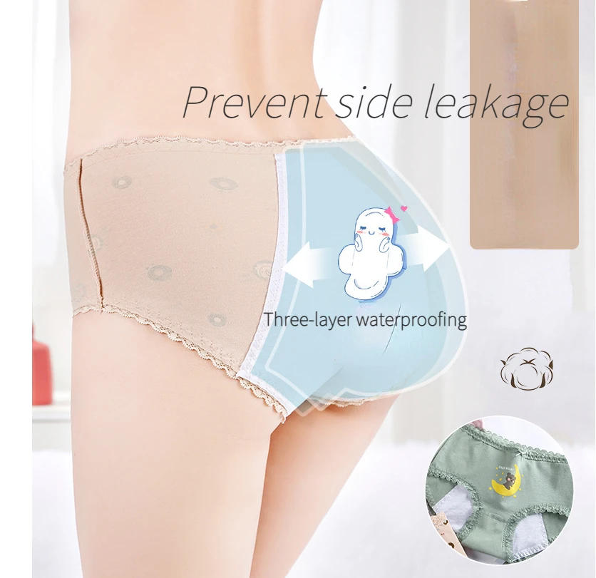 Cotton Cozy Women's Physiological Panties Mid-waist Printed Menstrual Anti-side-leakage Trunks Lace-trimmed Female Aunt Trousers