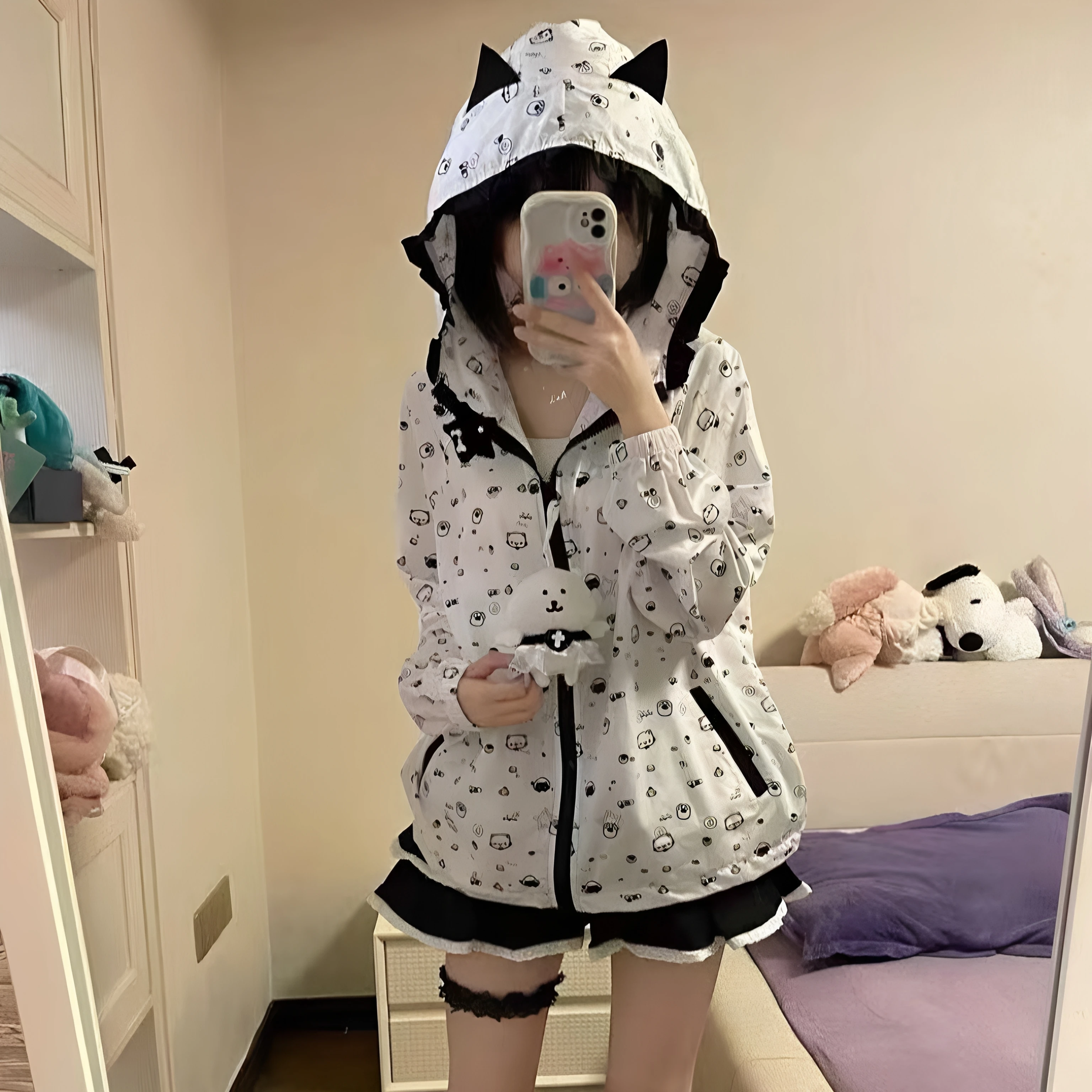 Cute Japanese Style Hooded Sun Protection Sweatshirt Women's Summer Y2K Subculture Breathable Lightweight Outerwear Top