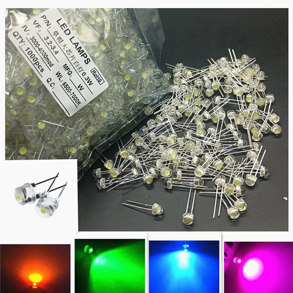 

1000Pcs 5mm Straw Hat White Red Green Blue YellowPink Smd Smt Led Water Clear Bright Wide Angle Emitting Diode Bulb DIY Light