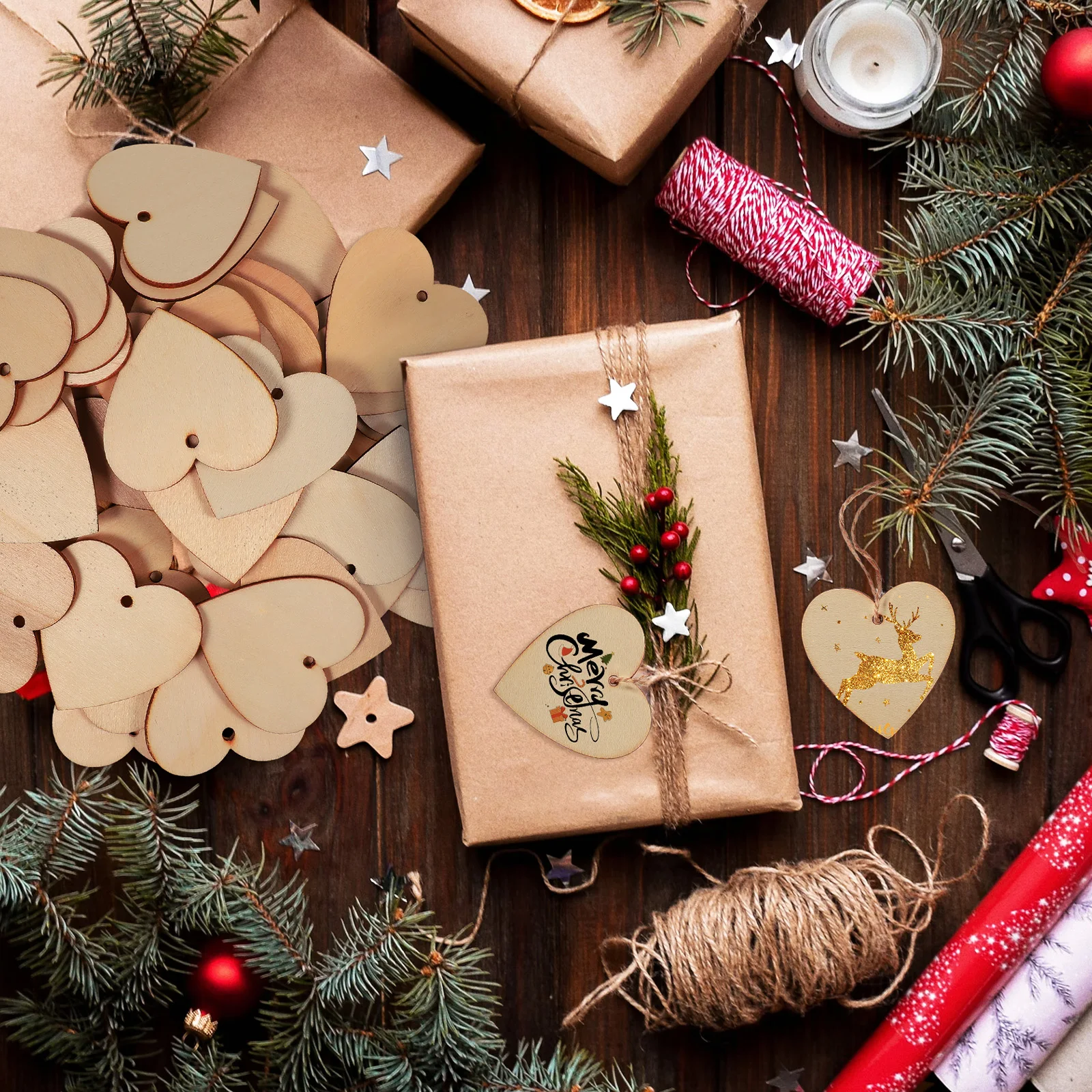 

50pcs Unfinished Slices Wooden Hearts Diy Crafts Blank Ornament Pendant With Ropes Wood Cutouts For Wedding Holiday Decor