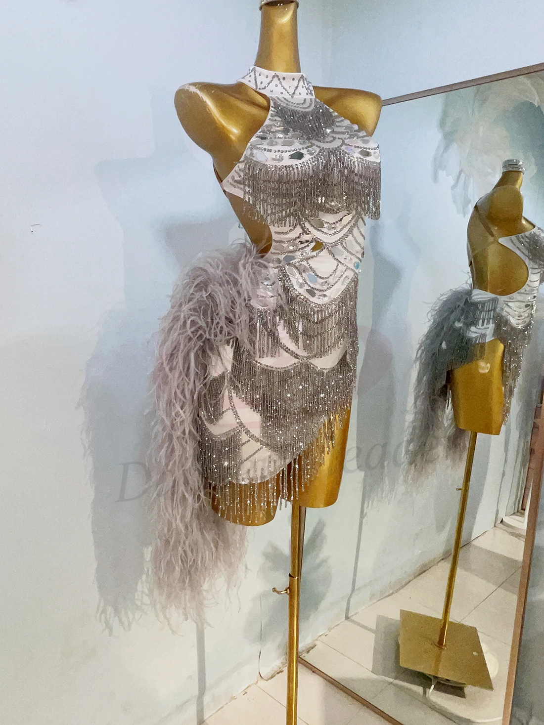 Latin Dance Dress High-end Custom Silver Bead Tube Tassel Velvet Tail Tango Female Adult Stage Professional Clothing