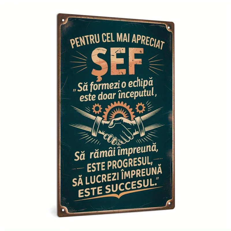 1PcVintage Romanian Metal Tin Sign, Dark Green & Gold Office Decor, Gift for Manager Boss, Heavy Iron Wall Art for Home Cafe Bar