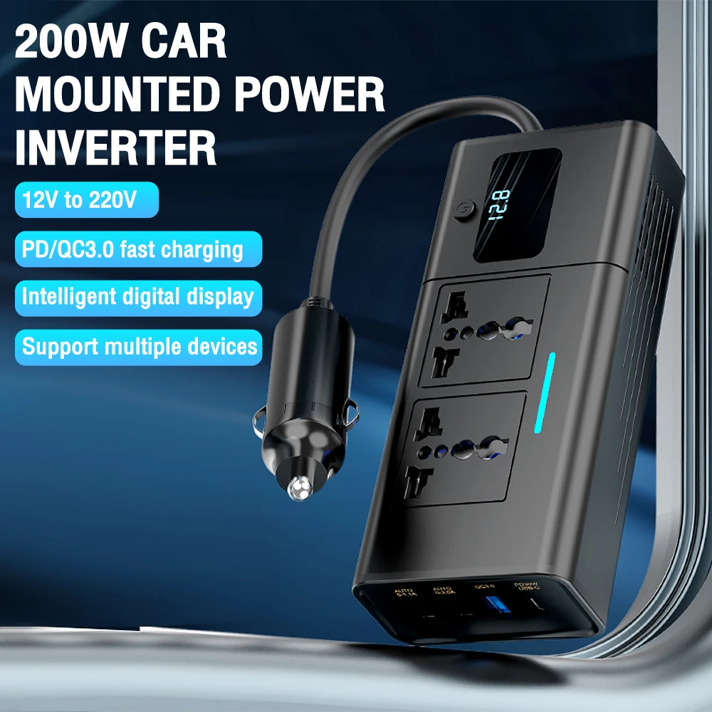 

200W Car Inverter DC12V to AC220V Voltage Power Converter 4 USB Ports QC3.0 PD Type C Charger Adapter Socket with Switch Display