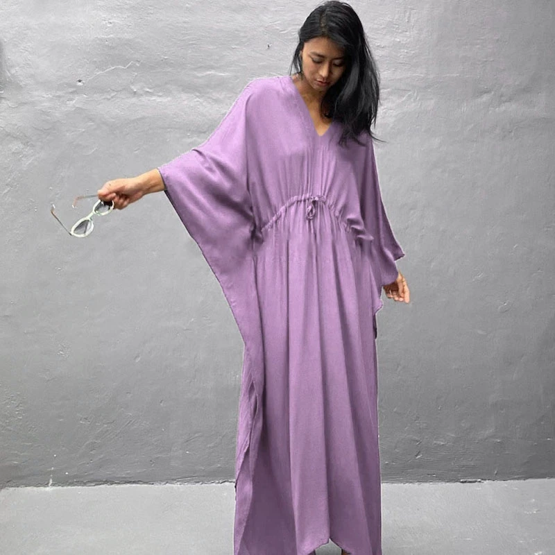 Front Backside Deep V-Neck Kaftan Women Elegant Muse Dresses Red Color Casual Party Caftan Drawstring At Waist Design Robe Chic