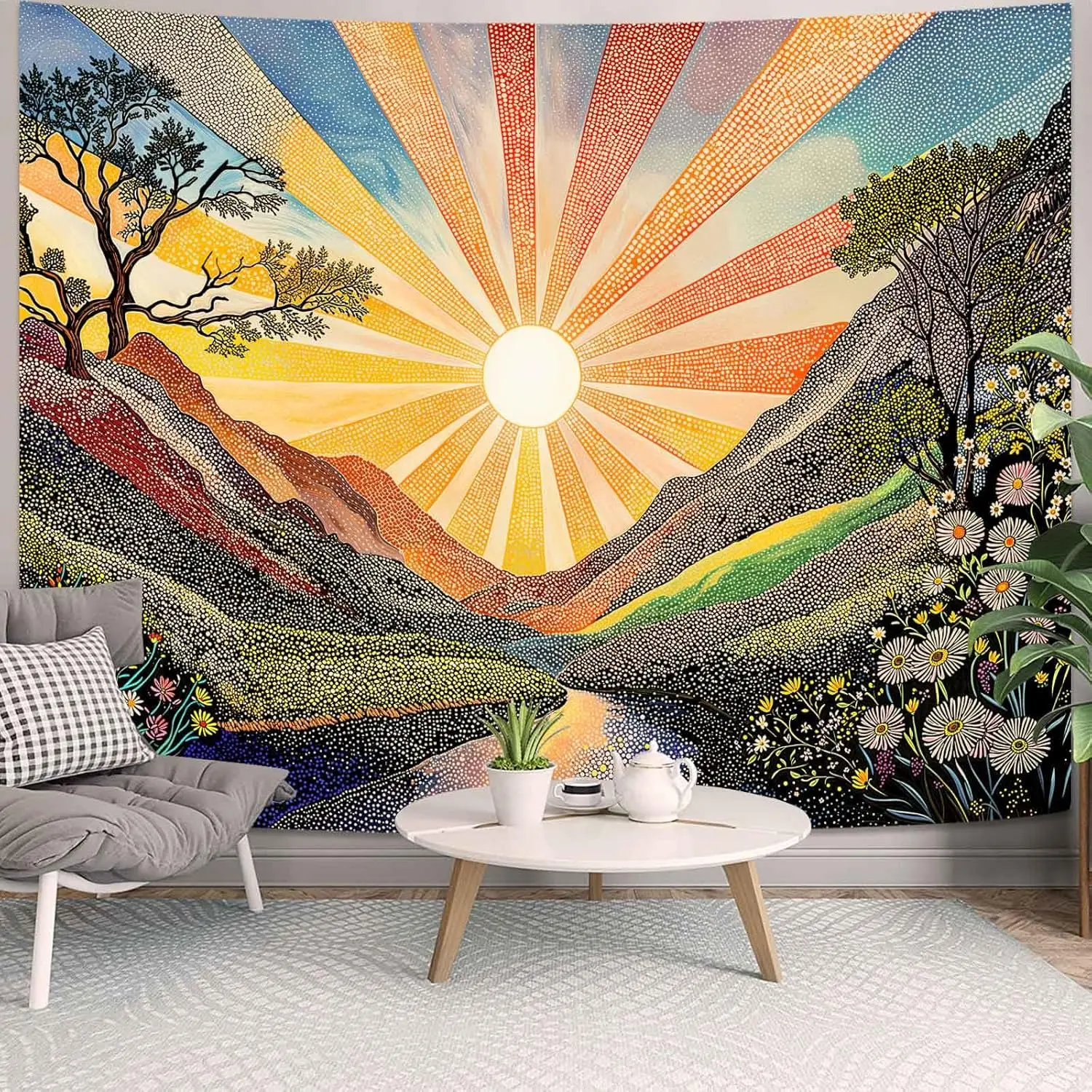 Sunburst Valley Tapestries Colorful Landscape Tapestries Mountain River Floral Wall Tapestry Bedroom Dormitory Living Room