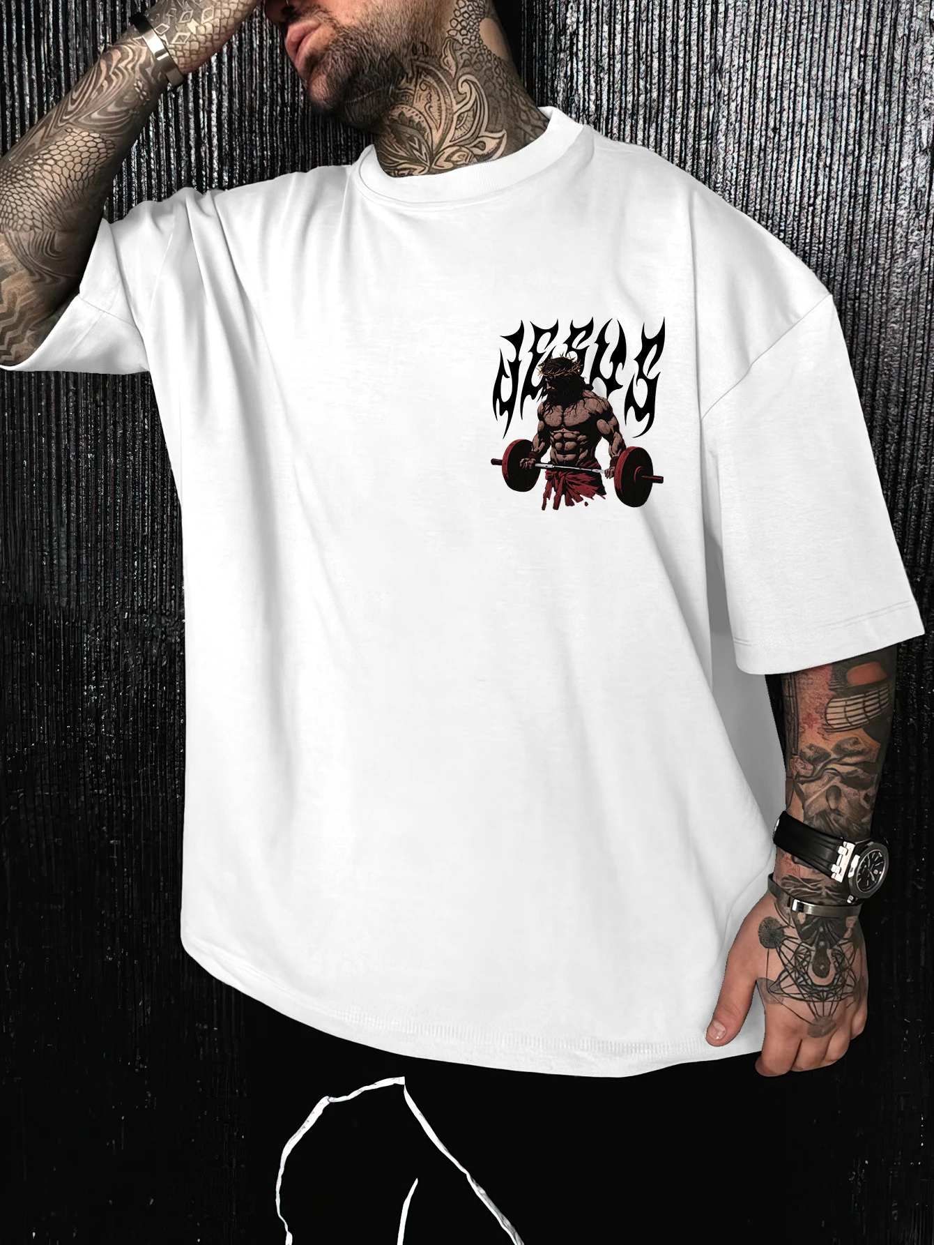 Men's Oversized Christian Gothic Streetwear T-shirt Brand Jesus Gym Weightlifting Crown Of Thorns Bible Verse Graphic Print Loos