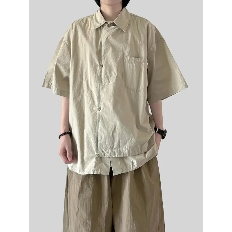 

Men Women Japanese Style Fake Two-piece Shirt Loose Short Sleeve Casual Workwear Blouse