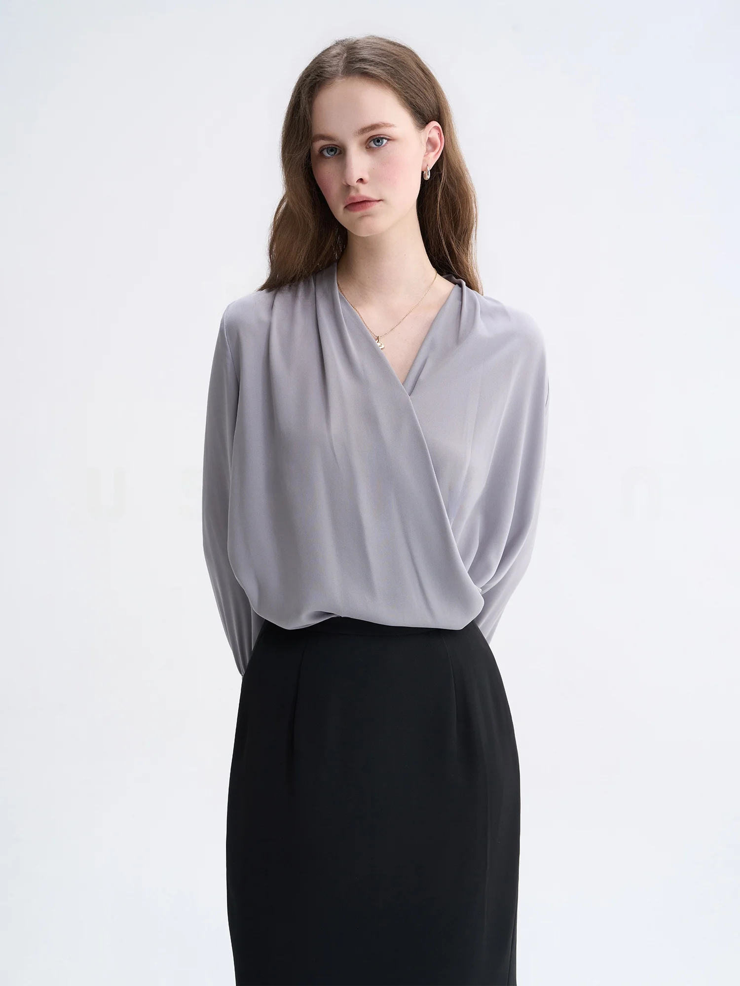 

USSHEEN Asymmetric Sash Long Sleeve Women's Shirt Elegant Commute Design Loose Fit Polyester Fiber Non-Shrinkage Spring 2026