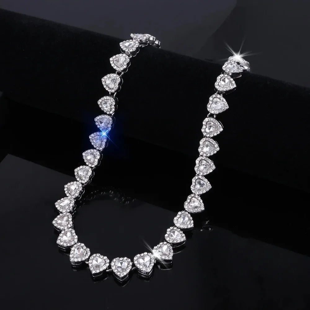 1PC  New Hip Hop Tennis Chain Bracelet Necklace Shiny Heart  Fashion Rock Party Jewelry Set image 4