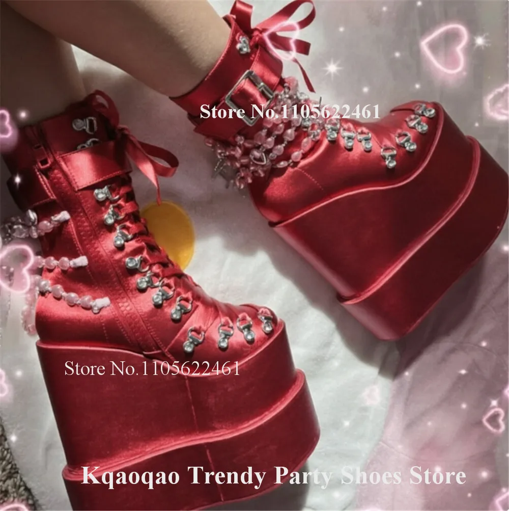 Sweet Pink Satin Velvet Crystal Chains Wedge Short Boots Round Toe Lace-up Strappy Cross Buckles Super High Platform Wedges