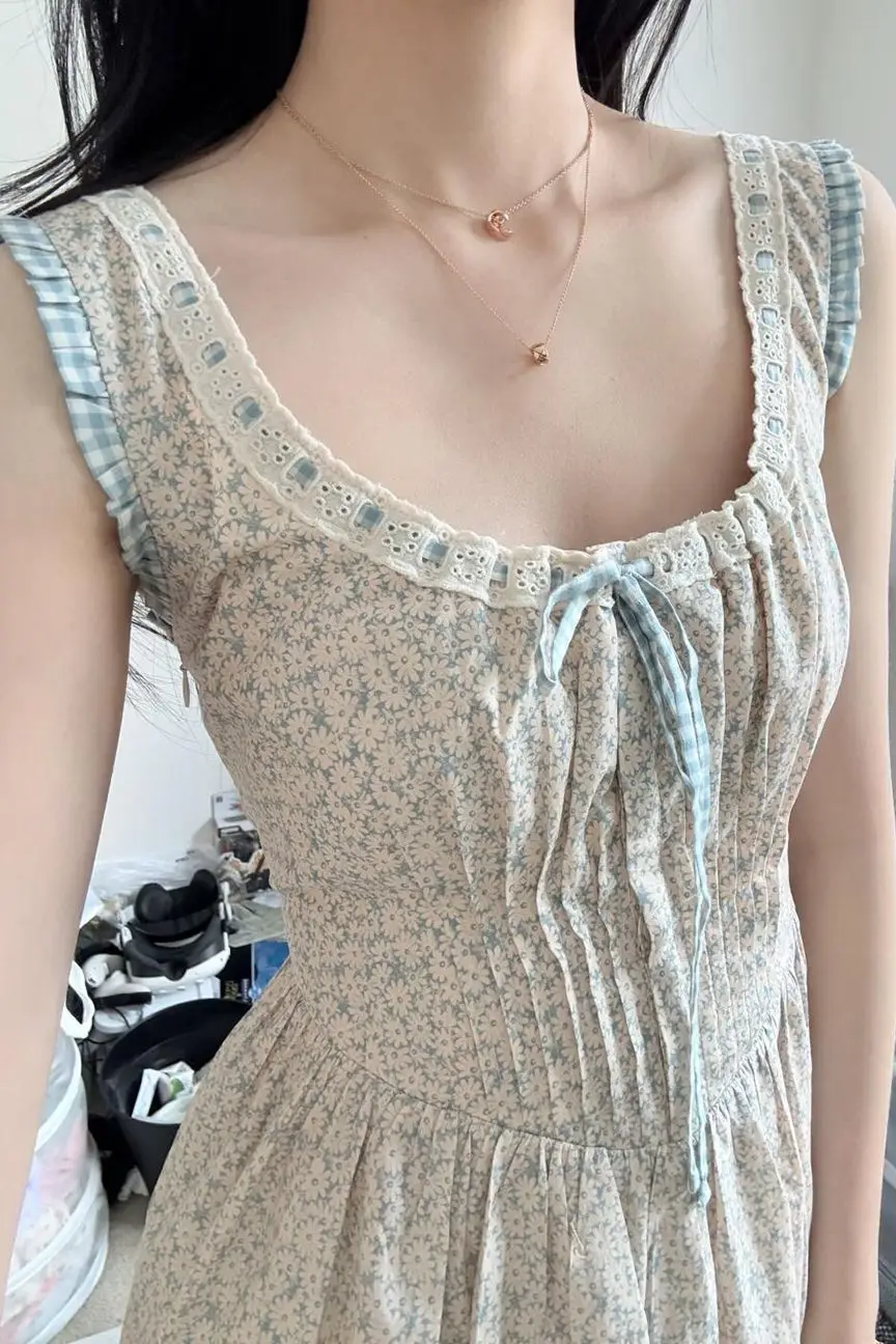 

French Country Floral Vest Dress 2025 Summer Slimming Waist Sleeveless Ruffle Trim Tie Maxi Dresses Casual/Party/Daily Outfit