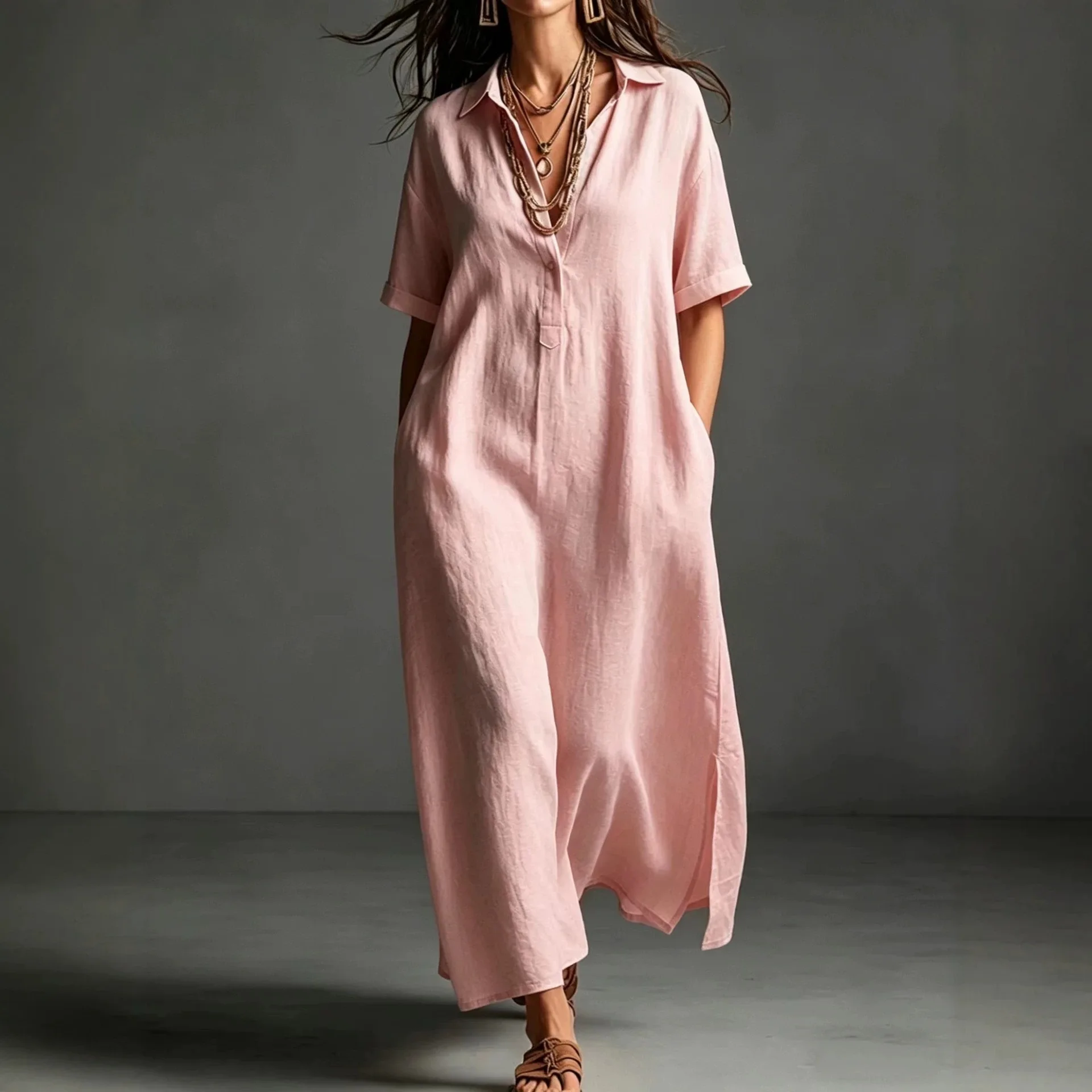 2026 Spring Summer Collection: Women's Elegant Solid Color Short Sleeve Cotton and Linen Lapel Dress European American Style