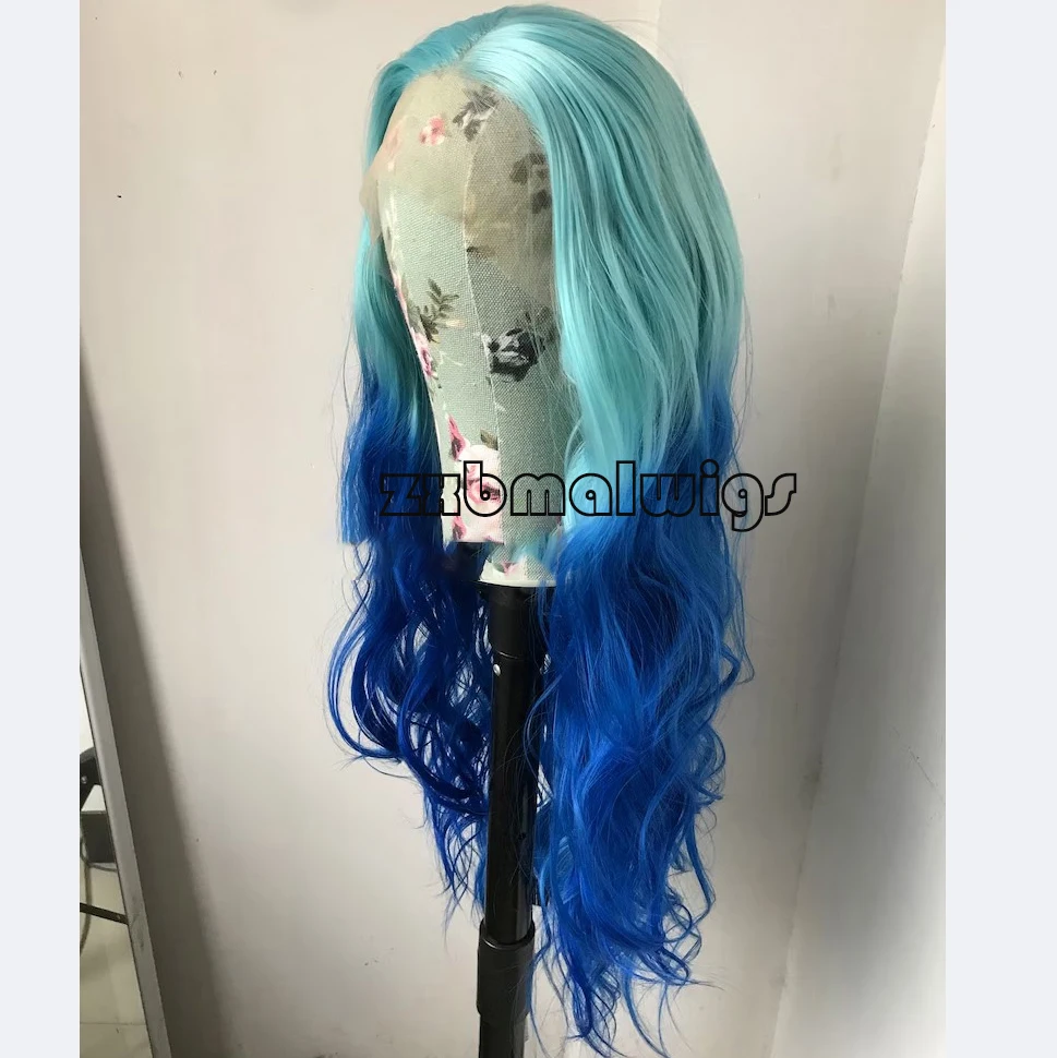 Peluca de cabello sintético con ondas prearrancadas para mujer, pelo de fibra sin pegamento, encaje transparente, ombré, azul