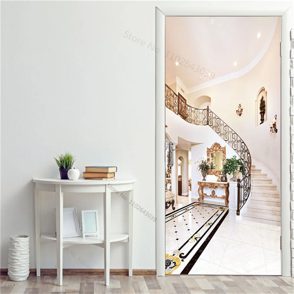 Customized Size Door Sticker Adhesive 3D Spiral Stairs Full Door Wrap Poster Landscape Door Mural Wallpaper Wall Art Decals