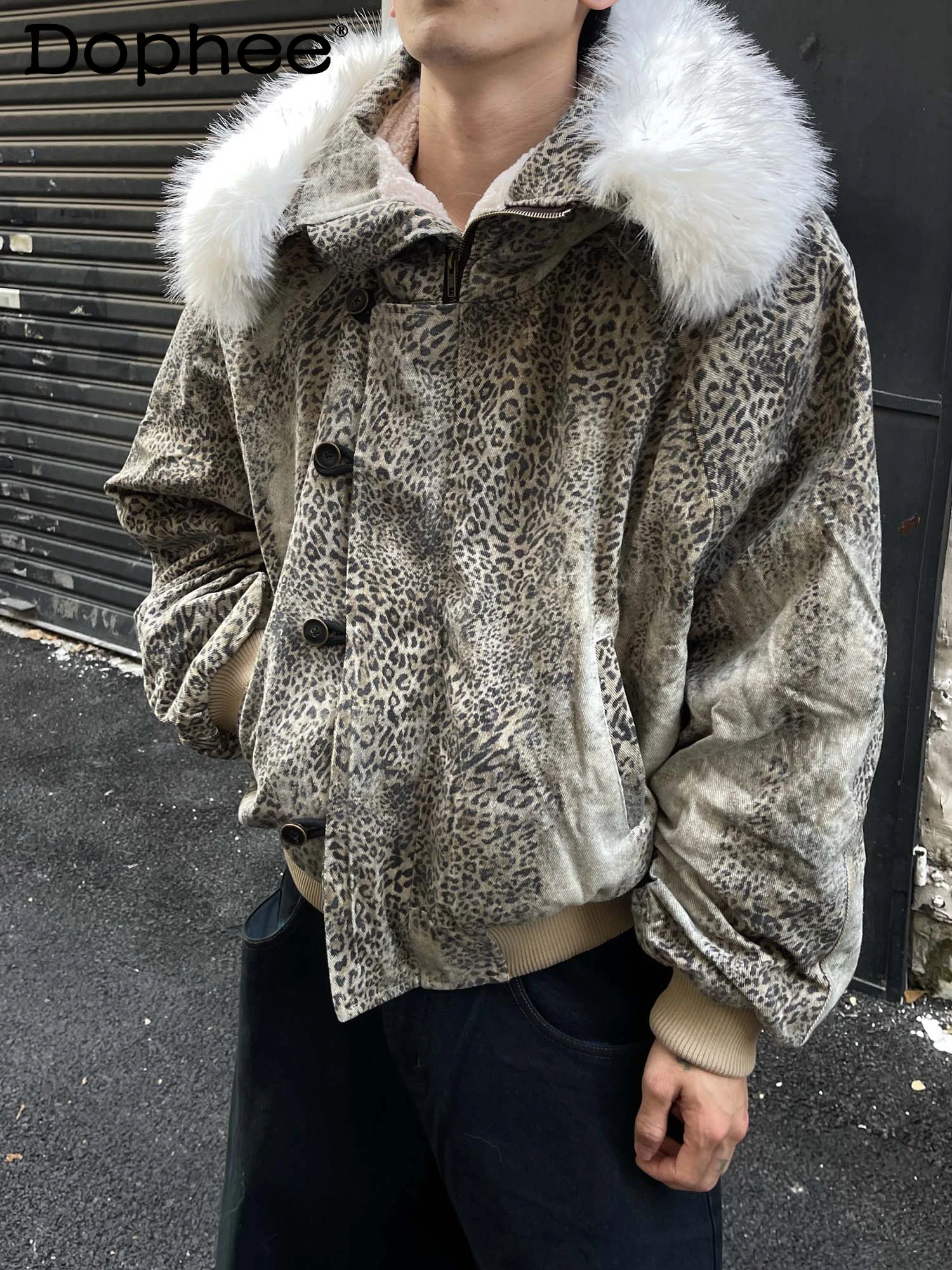

2025 Winter New American Fashion Trend Leopard Print Fur Collar Cotton Jacket Loose Casual Warm Thickened Unisex Coat