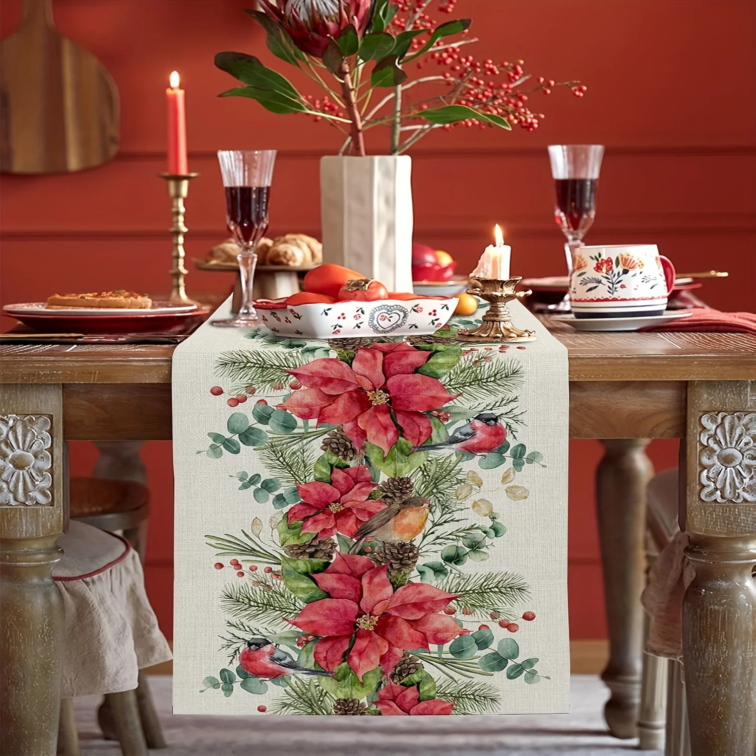 1 Piece of Christmas Watercolor Floral Table Runner, Linen Pattern with Poinsettia, Pine Branches and Bird Patterns, Suitable for Christmas Dinner, Pastoral B&B, Forest Wedding, Handicraft Market, Cafe Decoration, Holiday Party, Home Decoration, Natural Tea Room