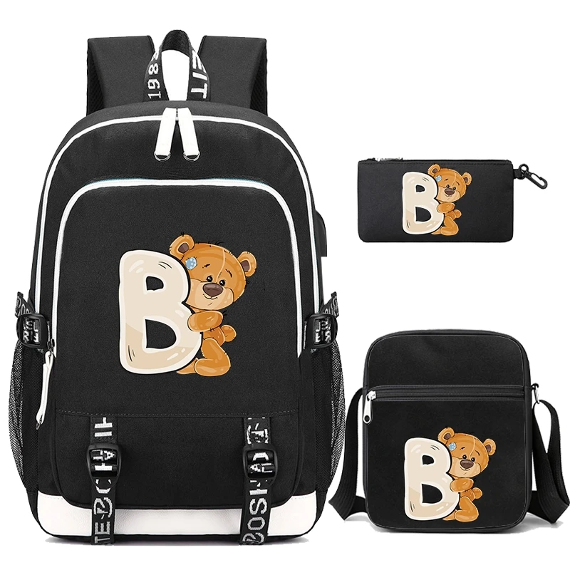 3Pcs/set Little Bear 26 English Letters Student Boy Girl Schoolbag Backpack Children Teenager Cartoon Bagpack School Bag