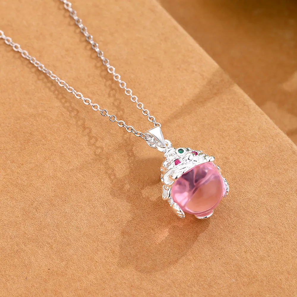 Quaint 925 silver pink round beads crystal necklace translucent glossy vintage diamonds red pendant banquet jewelry gift