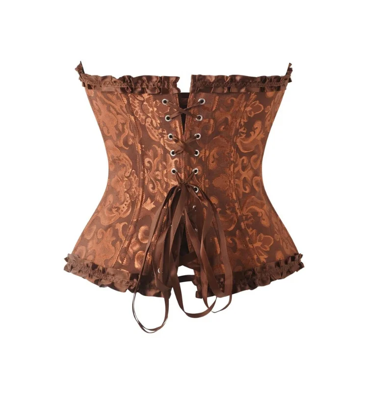 Damen-Overbust-Korsett, Vintage-Jacquard, Rüschen, Schleife vorne, Busk hinten, Schnürung, Taillenformer, Freizeit-, Party- und Alltagskleidung – Detail 4