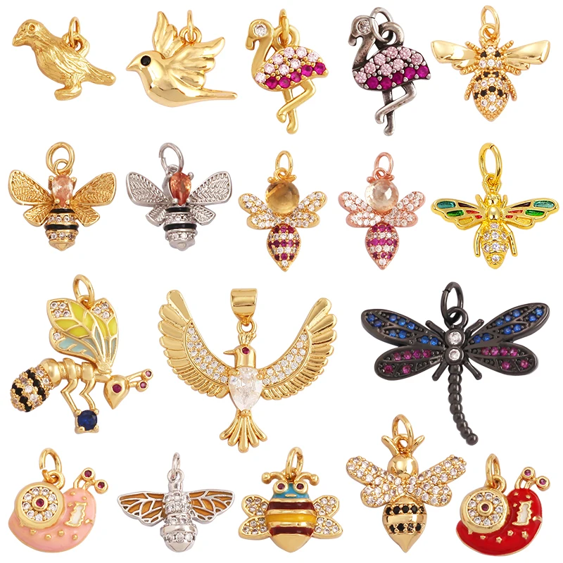 Cute Snail Ostrich Flamingo Bird Bee Dragonfly Insect Charm Pendant,Fashion 18K Gold Zircon Craft Jewelry Necklace Supplies N28