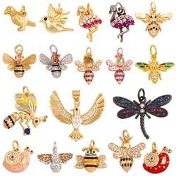 Cute Snail Ostrich Flamingo Bird Bee Dragonfly Insect Charm Pendant,Fashion 18K Gold Zircon Craft Jewelry Necklace Supplies N28