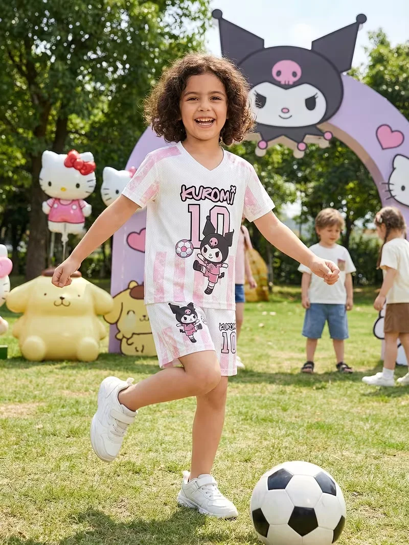 

2026 Cartoon Trendy Kuromi Children's T-shirt Shorts Set Breathable 3DV Collar Adult Parent Child Outdoor Activities Daily