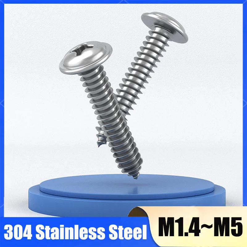 10-100Pcs 304 Stainless Steel Phillips Cross Pan Round Head With Washer Self-Tapping Screw M1.4 M1.7 M2 M2.3 M2.6 M3 M3.5 M4 M5