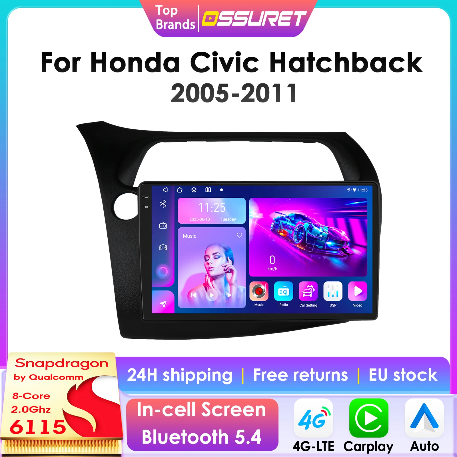 360Camera Android14 Autoradio Per Honda Civic Hatchback 2005 - 2011 Auto Multimedia GPS 4G Carplay Schermo Intelligente autoradio