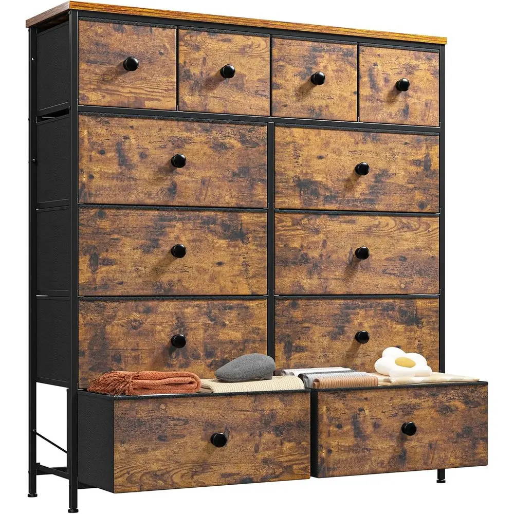 Tall Bedroom Dresser with 12 Drawers, Chests of Drawers, Metal Handles, Wood Top, Entryway Living Room Closet, Rustic Brown
