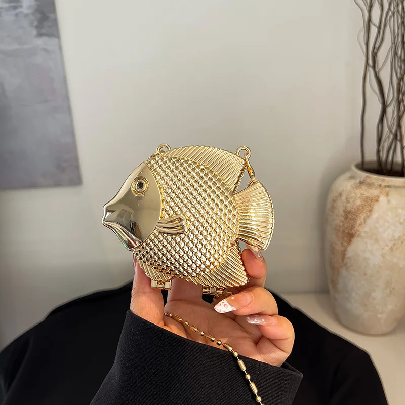 Cute Little Fish Shape Metal Mini Shoulder Crossbody Bag Lady Fashion Lipstick Bag Gold Silver Purse Handbag Evening Clutch Bag