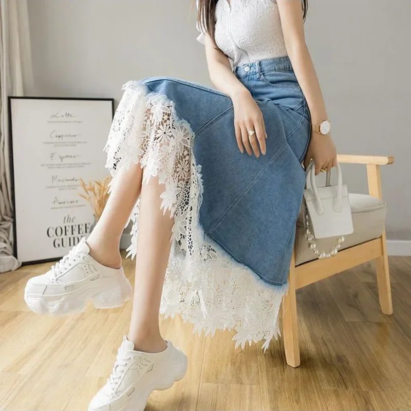 Harajuku Lace Patchwork Denim Skirt Woman Korean High Waist Blue Midi Skirts Women Summer Fashion Plus Sized 3Xl A-Line Skirt