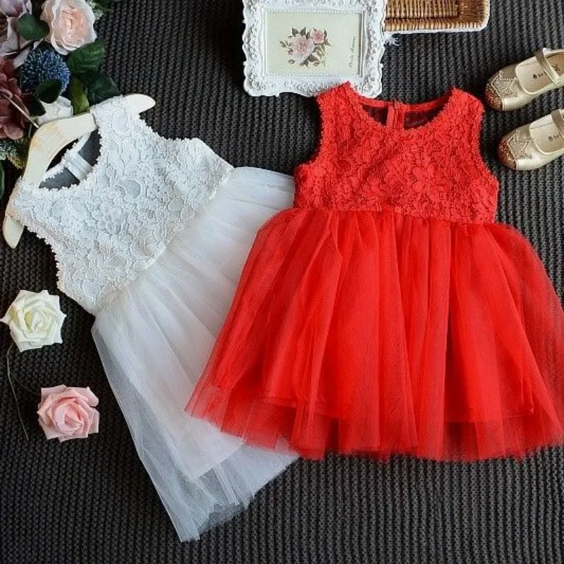 1-6 anos novo bebê verão meninas doce vestido moda infantil regata saia cor sólida renda vestido de princesa