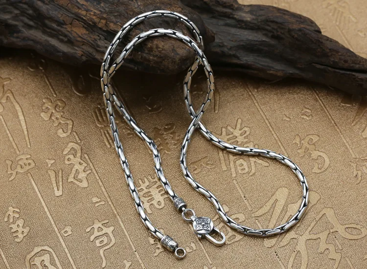 3MM New 100% Authentic S925 Sterling Silver Bamboo Bracelet Necklace Vintage Hip Hop Fashion Jewelry Gift for Men and Women
