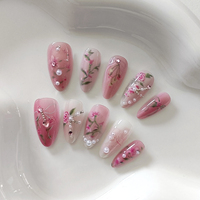 24Pcs Spring Summer Almond Floral Stick on False Nails Bow Rose Pearls Wearable Gel Fake Nails Pink Ombre Sweet Artificial Nails