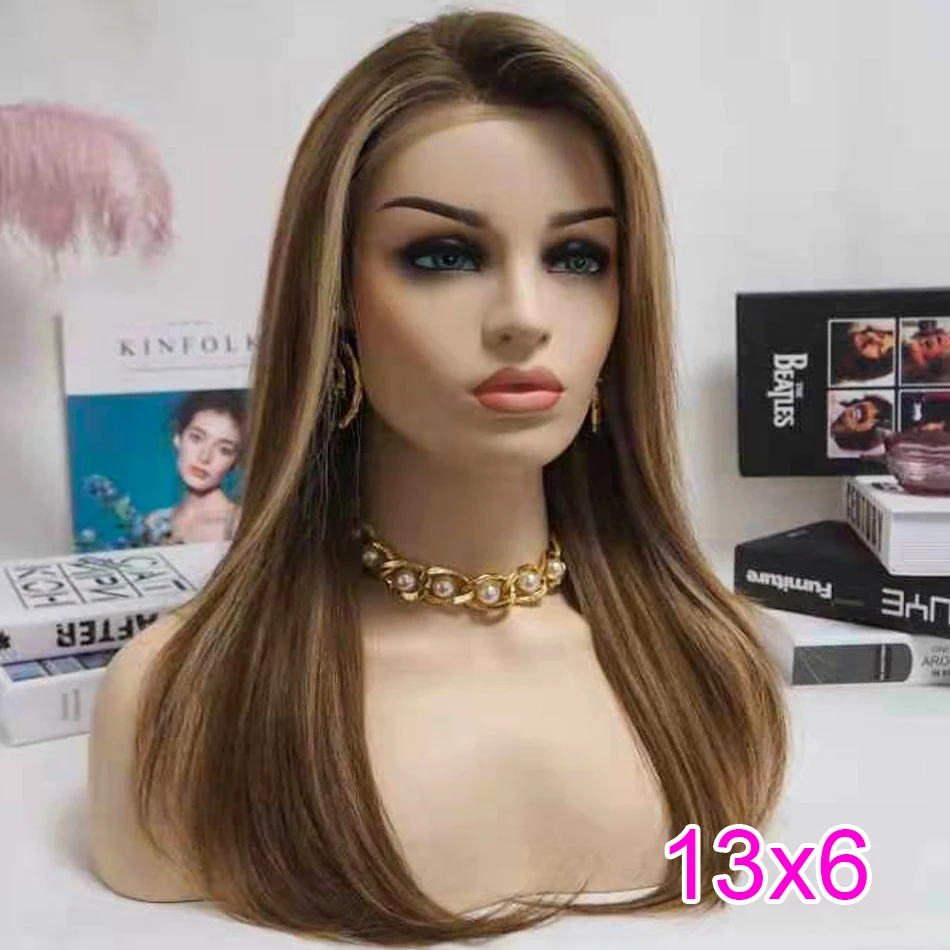 

Conjunto de cabeça de cabelo humano completo em destaque arroz amarelo marrom meio-colorido moda straight hair set 13x6"