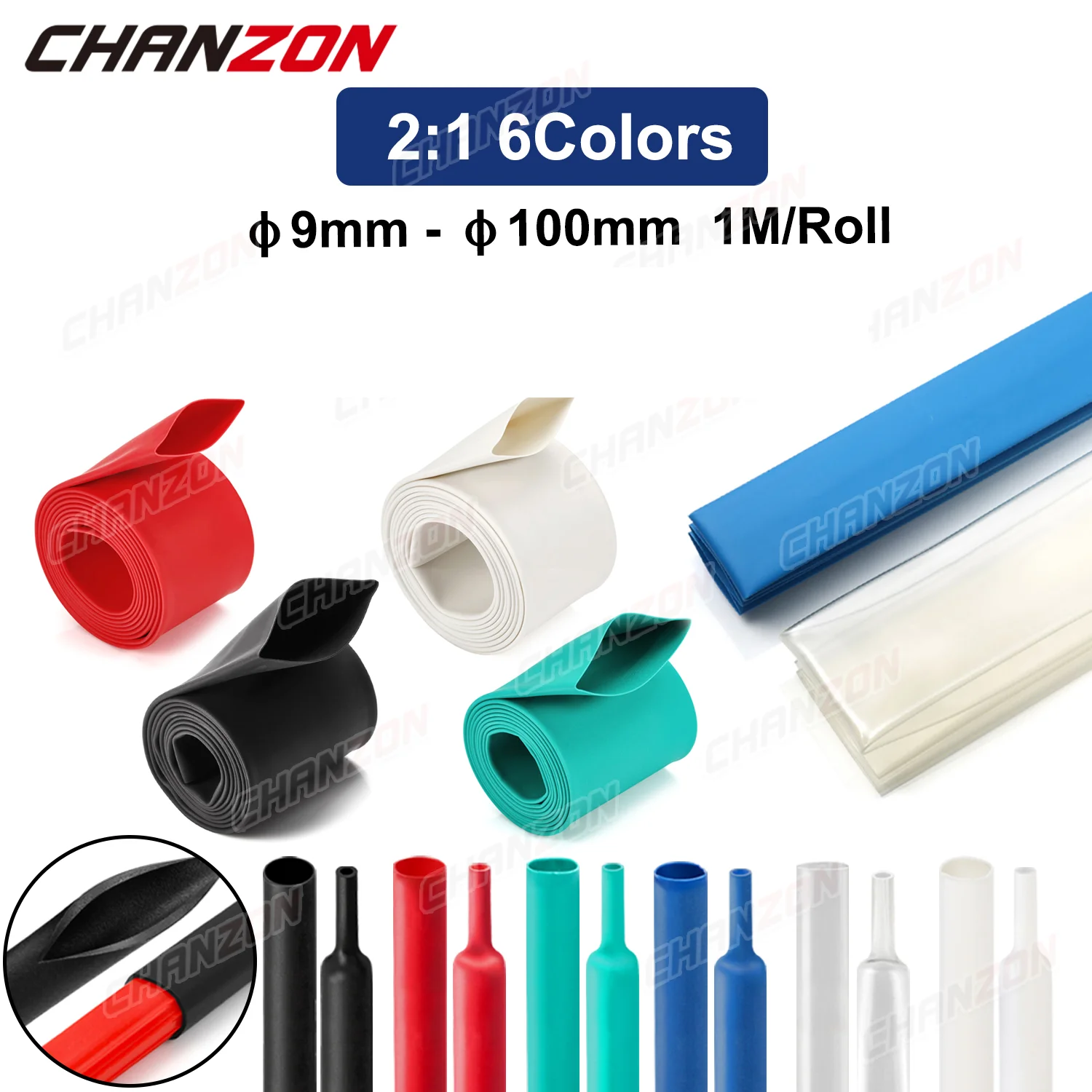 1 m, 6 Farben, 9–100 mm, 2:1 Schrumpfschlauch, Heizung, Schrumpfschlauch, Schlauch, Drahtschutz, beheizte Schrumpfschläuche, transparent, schwarz – Detail 1