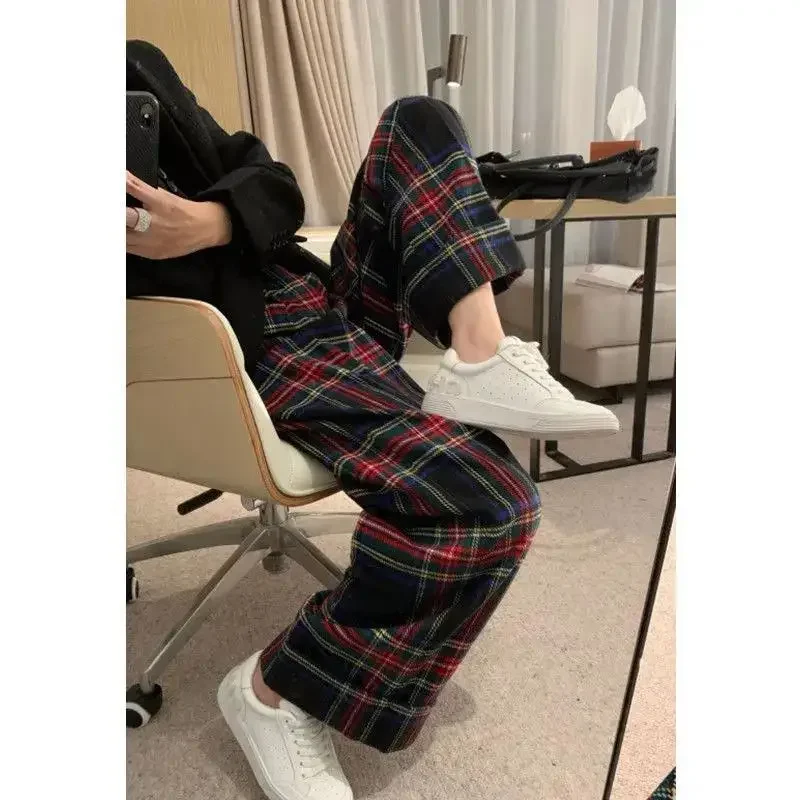 Wide-legged Trousers Women\'s Autumn and Winter 2024 Velvet Thickened Korean Version Loose High Waist Ins Plaid Y2k Pants