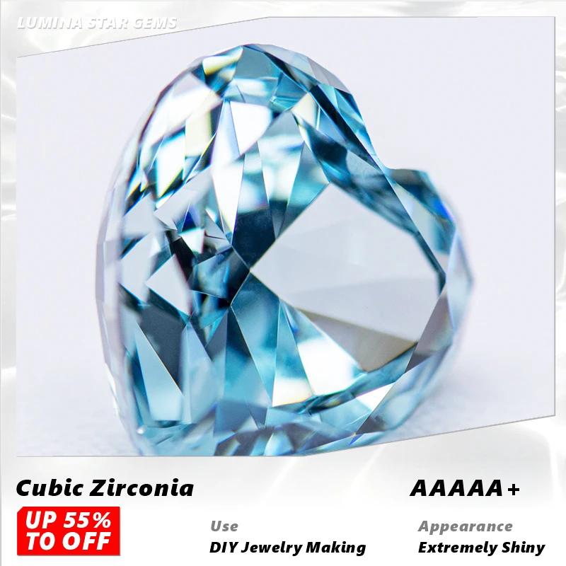 

L-High Carbon Diamond Cubic Zirconia Aquamarine Color Heart Cut 4k Crushed Ice Cut Lab Synthetic Cz Gems Extremely Shiny Quality