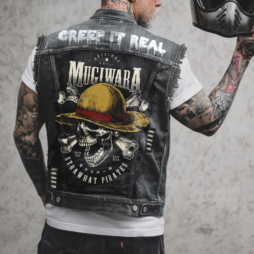 2024 New Men's Denim Vest Printed Tribal Style Top Men's  Sportswear Men's Denim Vest Motorcycle Vest Motorcycle Casual Denim