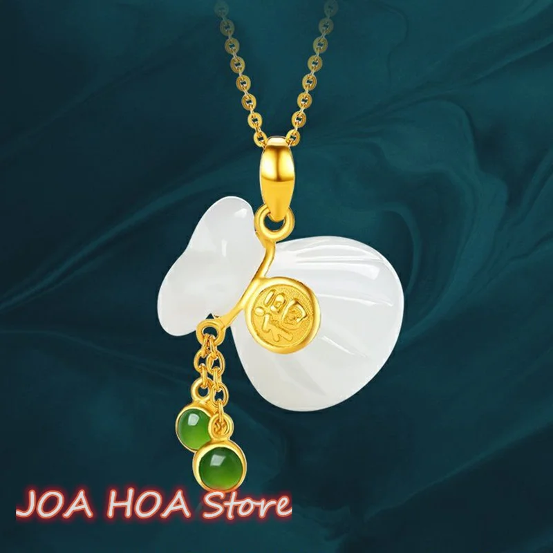 

Newest Natural Hetian Gold Thread Jade Inlaid Suet White Green-Jade Bag Pendant Elegant Noble Necklace Chain Fine Jewelry