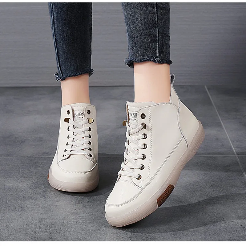 Women Casual Genuine Leather Soft Sole Higth Top Walking Sneaker Girl Student Sport Jogging Shoes Flats Trendy Marton Ankle Boot