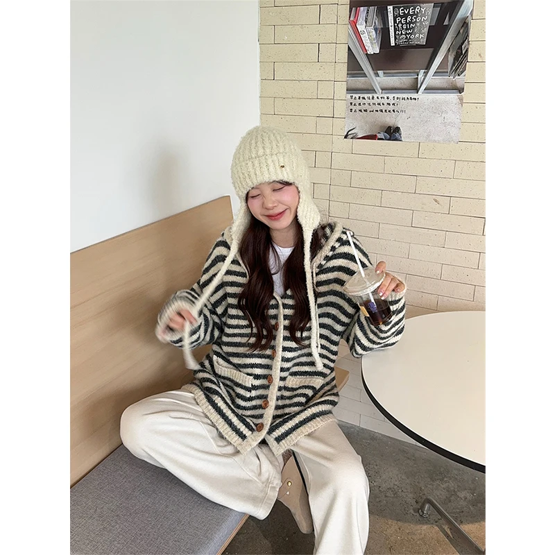 Harajuku Striped Knitted Cardigan Women Fashion Hooded Sweater Outerwears Korean Oversized Knitwears Winter Long Sleeve Jumpers