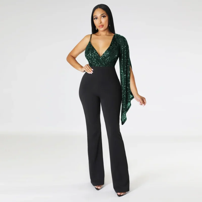 KEXU Vintage Women Sequined Patchwork One Long Sleeve Deep V-neck Fashion Jumpsuit  Summer Playsuit One Piece Suit Romper