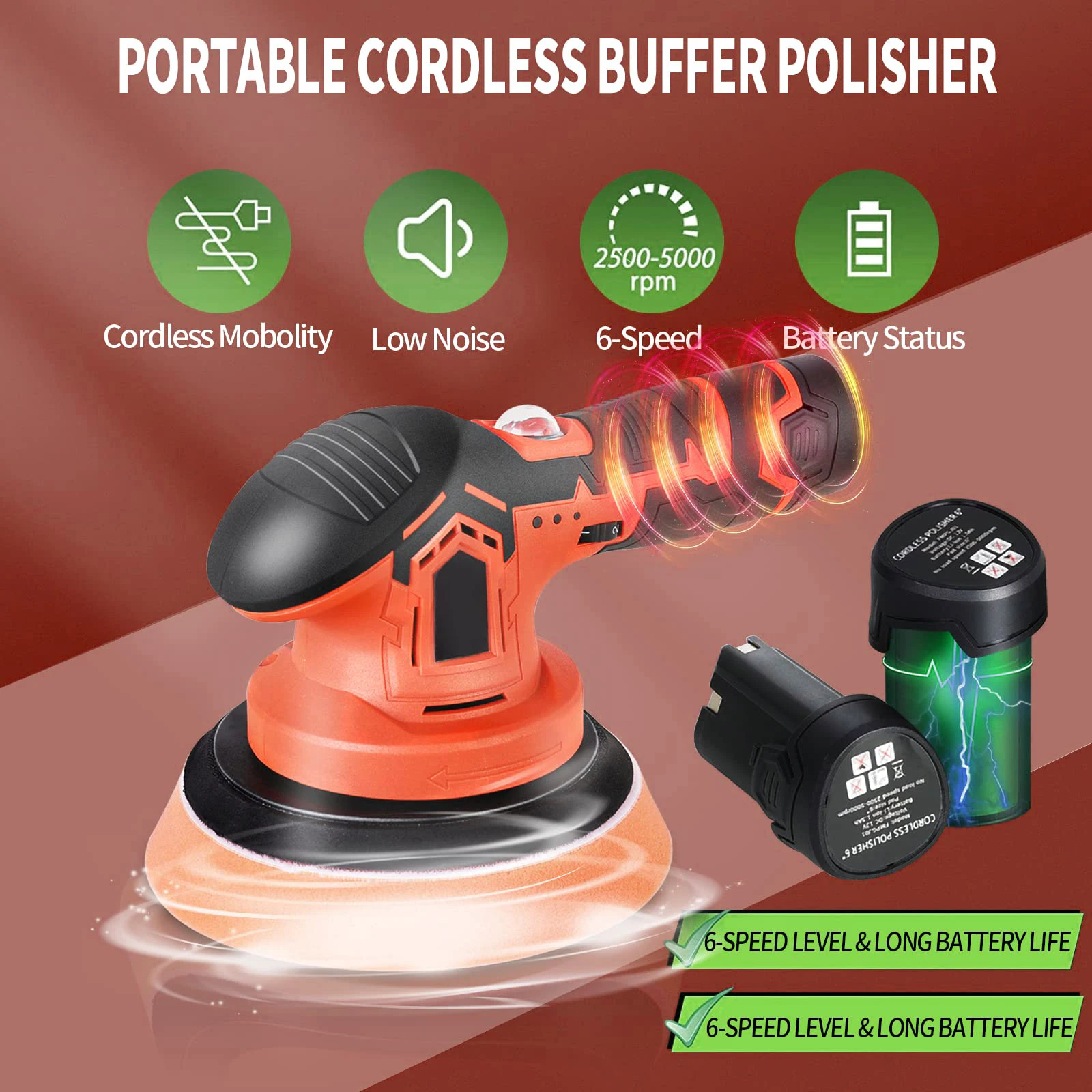 2000-5000RPM Cordless Car Polisher Wireless Car Polishing Machine Electric Auto Polishing Wax Tool Noiseless 6 Variable Speeds