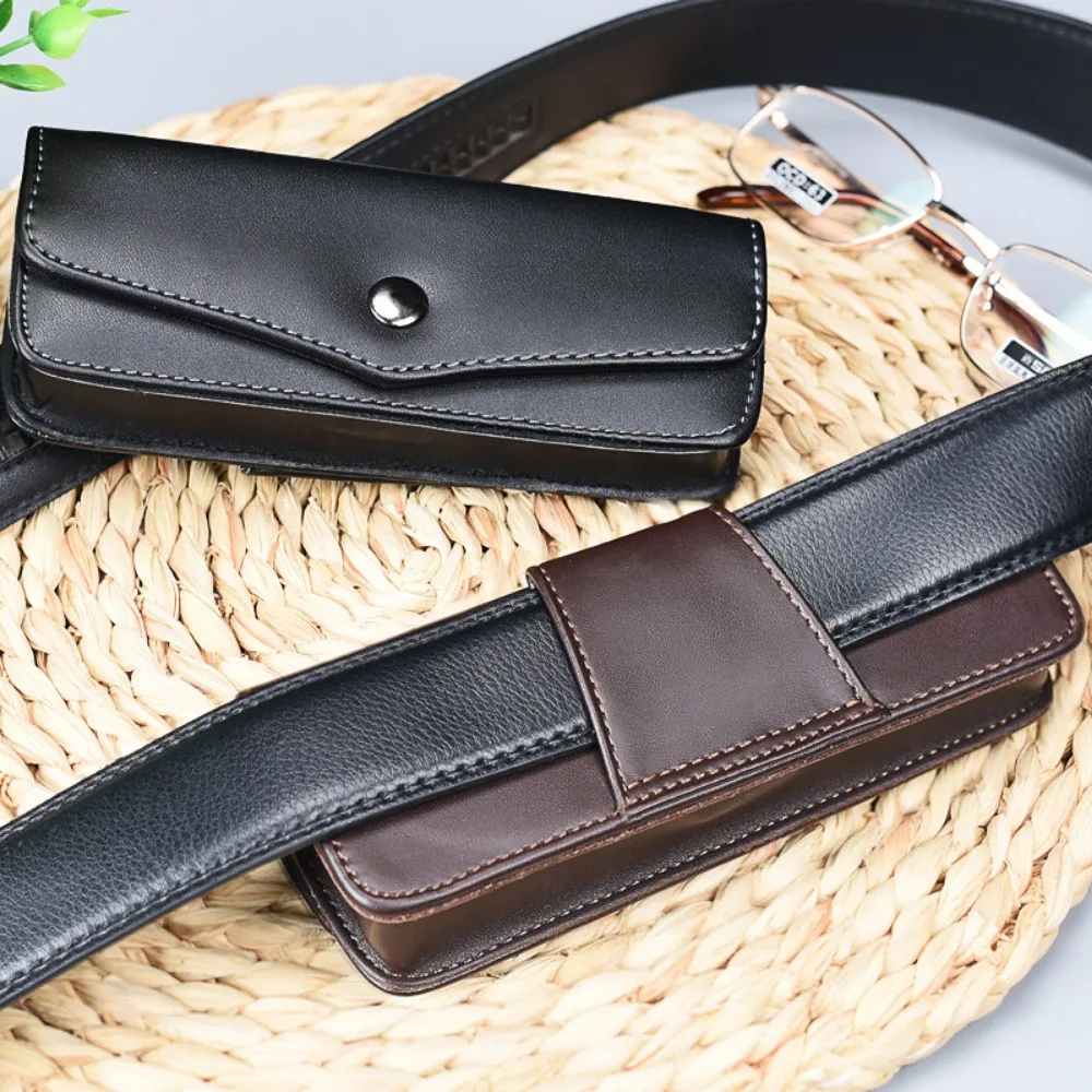 Upscale Belt Wearable Cowhide Glasses Case Men Portable Leather Reading Glasses Storage Box Phone Bags and Tool Carrying Cases