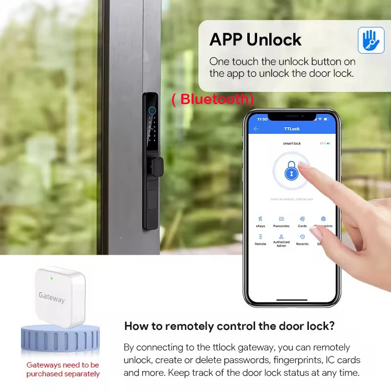 Imagem -04 - Ttlock App Porta Deslizante à Prova Impermeável Água Fechadura Inteligente Aleax Impressão Digital Cartão de Senha Fechadura Eletrônica para Porta Vidro Alumínio