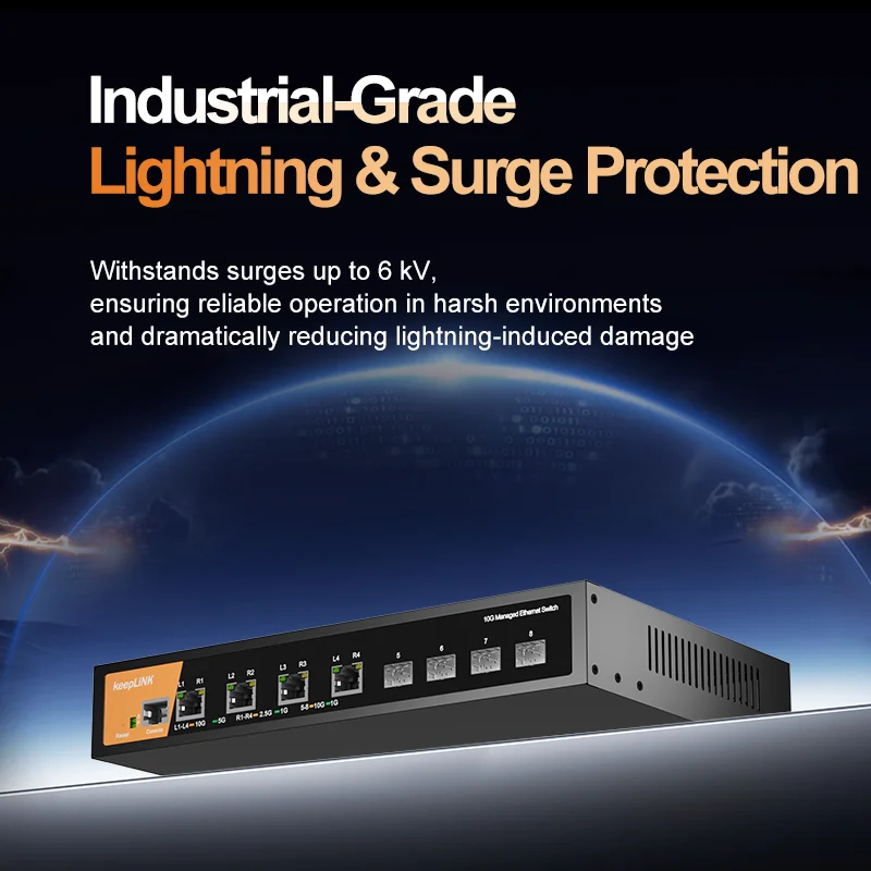KeepLiNK Switch gerenciado de 8 portas 10 Gbps camada 3 com 4 x 10G Base-T RJ45 e 4 x SFP + para estação de trabalho NAS de escritório de laboratório doméstico