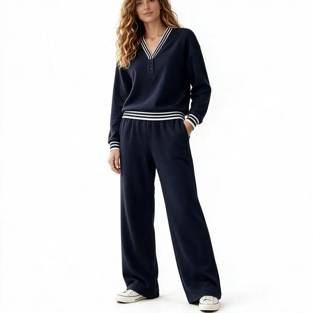 2026 Amazon Cross-Border Damen Herbst/Winter V-Ausschnitt Gestreifter Pullover und Weite Freizeit-Hose für Beine und Oberkörper – Detail 3